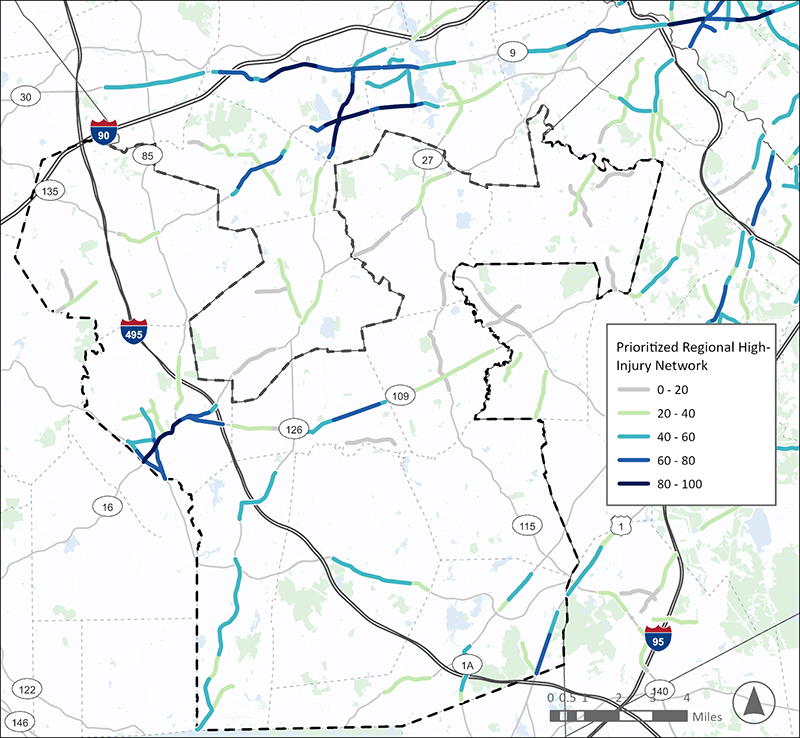 A map of the SouthWest Advisory Planning Committee (SWAP) Subregion, consisting of communities to the far southwest of Boston. A Prioritized Regional High Injury Network, consisting of highlighted highest-scoring roadway segments, is overlayed on the map. This area has high-scoring segments in Framingham, Milford, Medway, Bellingham, and along Route 1 southeast of Wrentham